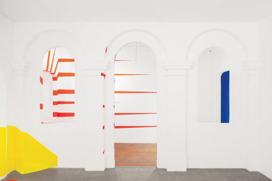 Installation view of Felice Varini’s exhibition at the Museo d’arte Mendrisio. © Felice Varini 2026, ProLitteris, Zurich. Photo: Mattia Mognetti