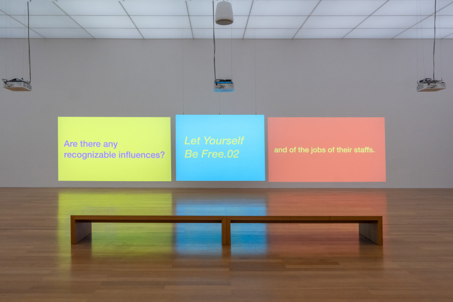 Installation view, Tony Cokes, Let Yourself Be Free, Kunstmuseum Liechtenstein, 2025-2026. Photo credit: Sandra Maier. © Tony Cokes / Kunstmuseum Liechtenstein
