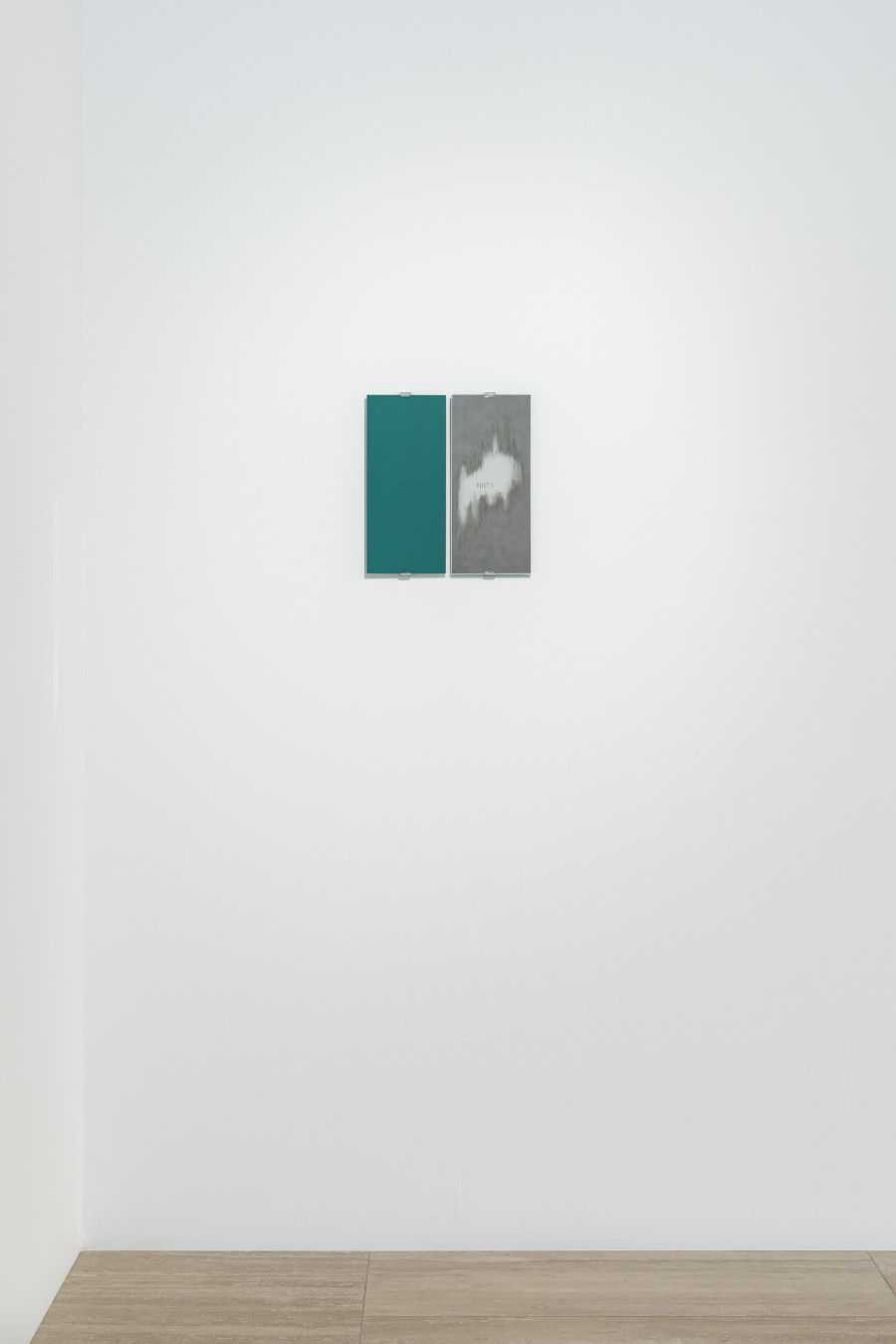 Vittorio Santoro, A Clear Scraped Mirror (Le miroir; Le psychopathe; La normalité), 2022, Two white mirror panels, one with its silver coating partially scraped off, Pencil on Wall and on the back of the mirror, 36 x 32 x 0.6 cm. Photo: Kilian Bannwart