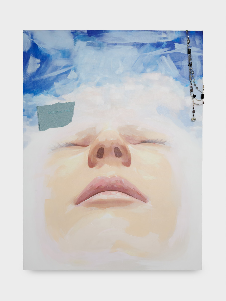 Angélique Heidler, Dream big, 2026. Acrylic, ink, varnish, collage and necklace on canvas. 130.5 × 97 cm. Photo credit: Philipp Rupp