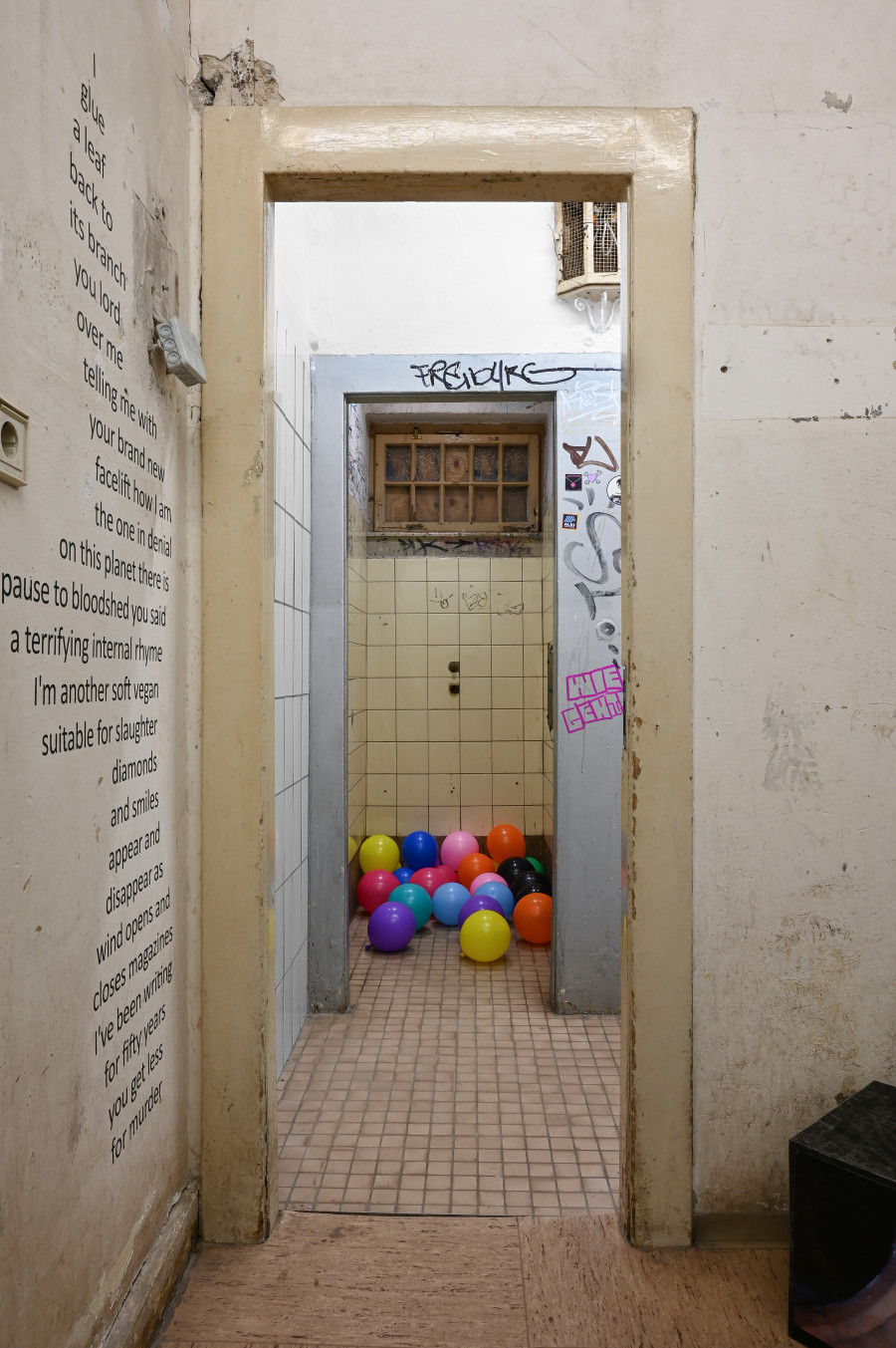 Devin T. Mays, "Held" (installation view), 2023/2026, dimensions variable. CAConrad, Jan Domicz, Gina Folly, Germaine Koh, Devin T. Mays, Sean Morel (organized by u), "Brain in a Pipe" at Kaiserwache, Freiburg im Breisgau, 2026. Images courtesy of the artists and Kaiserwache. Photo: Stefan Lux.