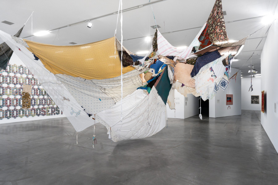 Exhibition view Accumulation – On Collecting, Growth and Excess, First Sequence, 8.2.2025 - 25.5.2025. Reto Pulfer, Muster, 2022 and Modus Orte, 2025, in fore–ground, Courtesy the artist and Hollybush Gardens, London, © Reto Pulfer. Photo: Studio Stucky
