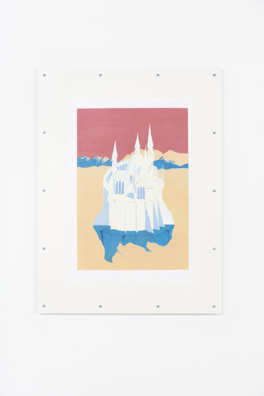 Julian Irlinger, Cel animation background (castle/hill/clouds/dusk), 2024, Gouache and ink on paper, artist frame, 81 × 61 cm (framed). Damien & The Love Guru, 2024. Courtesy of the artist and Damien & The Love Guru, Brussels/Zürich. Photo: Claude Barrault