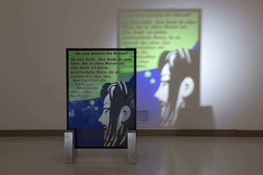 Linda Bilda, Die goldene Welt, installation view, Kunsthaus Glarus, 2025. Photo: Gina Folly. Was denken die Waren, ca., approx. 2000, LightGlass, concrete, ca. 115 x 65 x 4 cm, Estate Linda Bilda