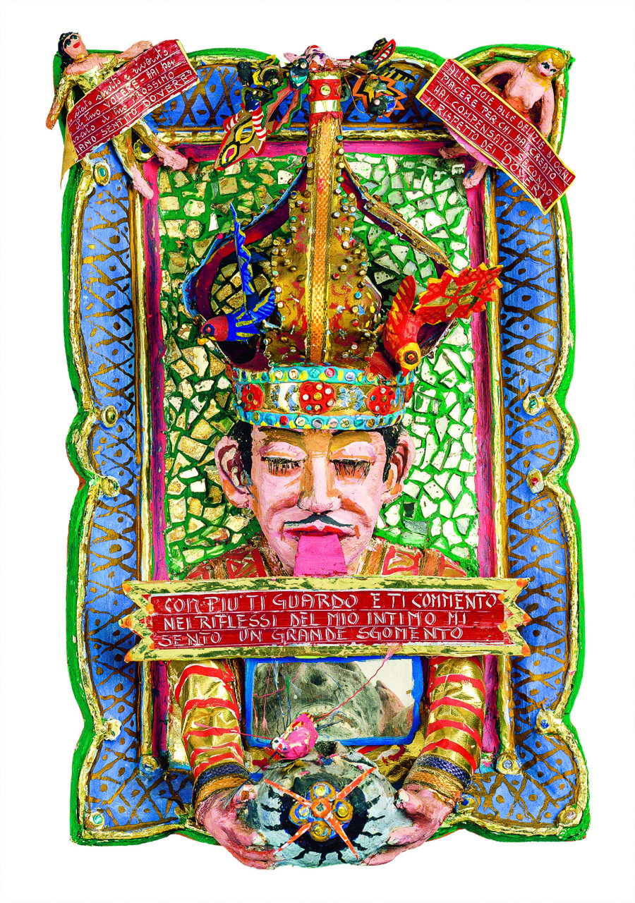 Marcomi, Militaire au crâne en entonnoir ; le blond militaire, sans titre, entre1960 et 2003, photographie, carton, ca 1941, mine de plomb et crayon de couleur sur papier, colle et ficelle, 31 x 24,5 cm 26,5 x 19 cm. photo : AN – Collection de l’Art Brut, Lausanne