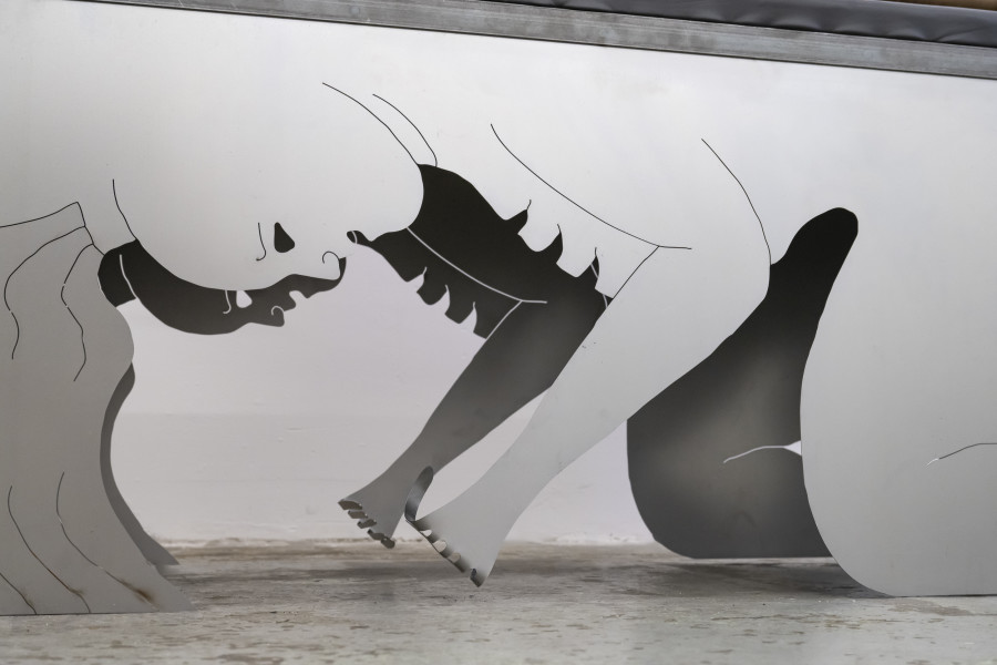 Nicola Genovese, I Beg You, metal, fake leather, copper, LED light, 2023.
