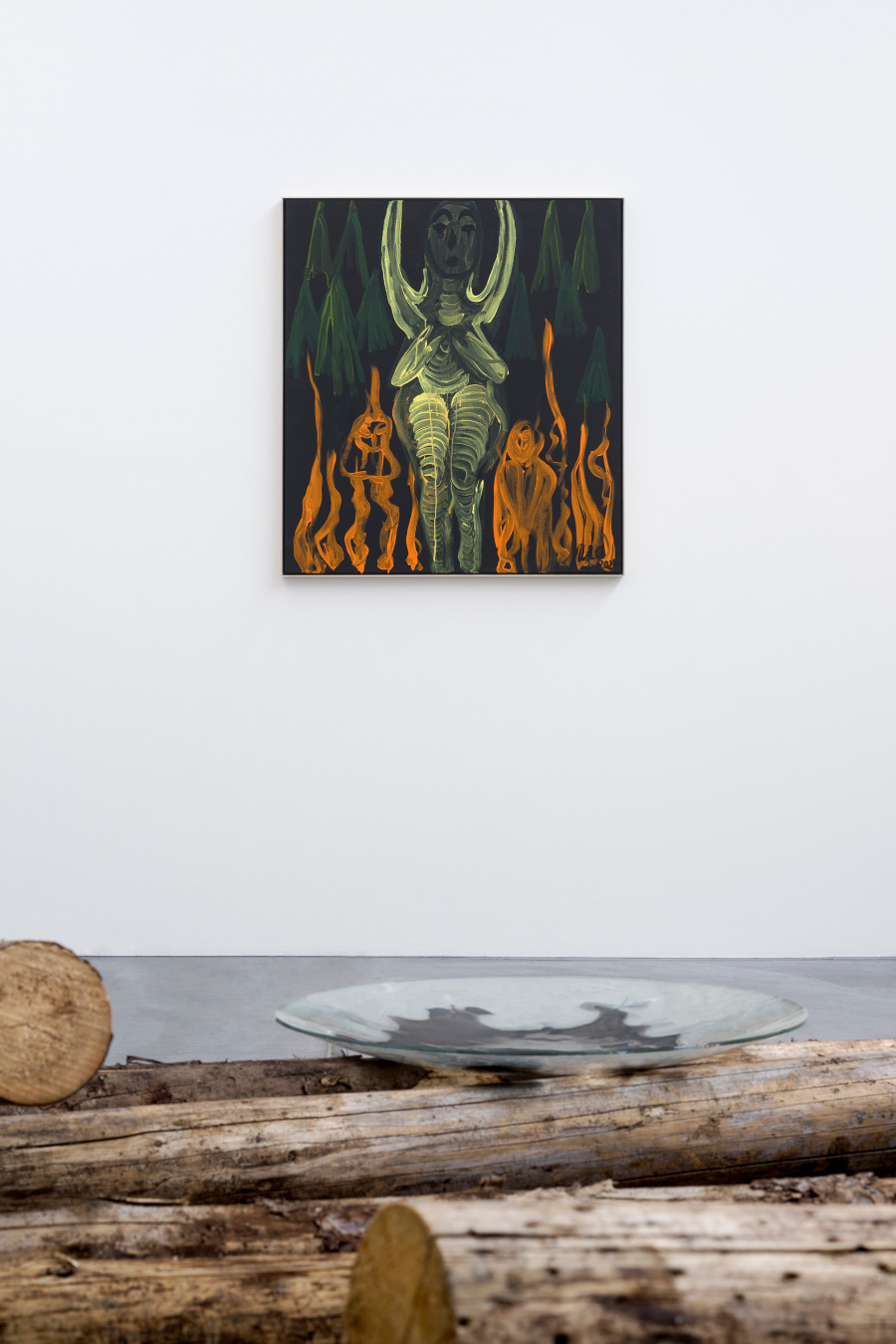 Installation view, Ursula Reuter Christiansen, Auf Messers Schneide, view on, Witches' Sabbath II / Hekse sabbath II, 2021, (in the back) and detail view of, Zwischen Feuer und Wasser, 2023, (in the front), von Bartha, 2023. Photo: Andreas Zimmermann / von Bartha. Courtesy of the artist and von Bartha.