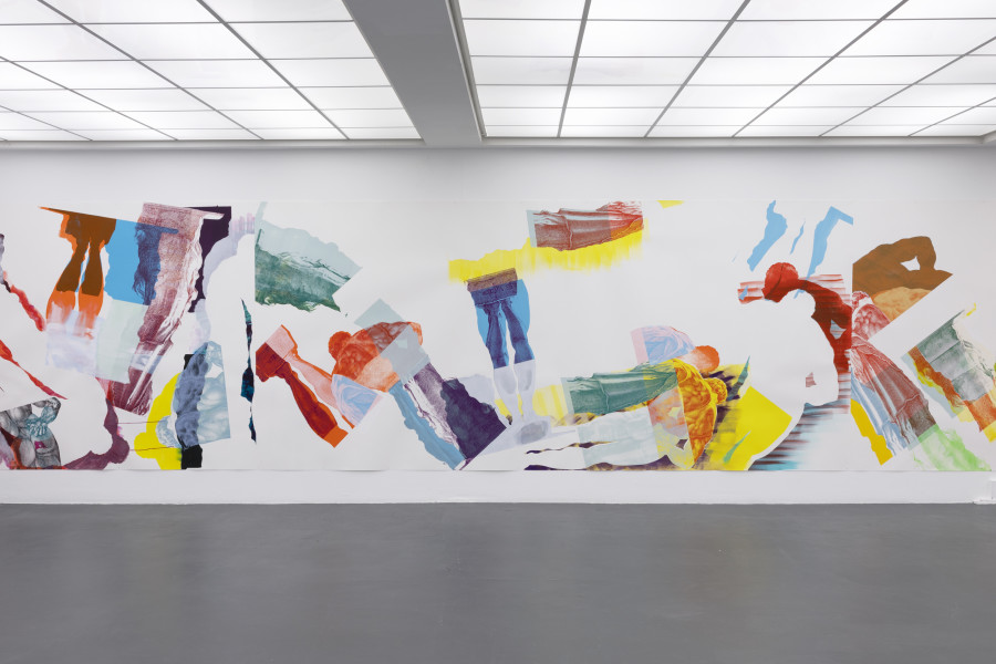 Pia Fries, durch sieben siebe, 2022. Acryl auf Papier, ortsspezifische Installation. Courtesy: Pia Fries, Mai 36 Galerie, Zürich, Miles McEnery Gallery New York. Ausstellungsansicht / Installation view Kunsthaus Baselland 2023. Foto / Photo: Gina Folly © Pia Fries / 2023 ProLitteris, Zürich