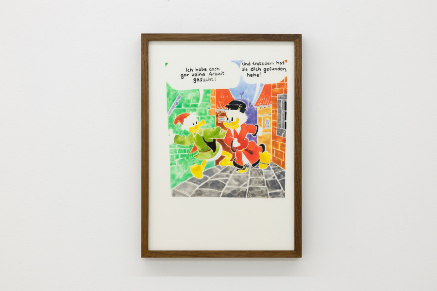 Lionne Saluz, Ich habe doch gar keine Arbeit gesucht!, 2023, aquarelle on polyester film, 22.5 x 31 cm. Photography: Gina Folly / all images copyright and courtesy of the artist and For, Basel