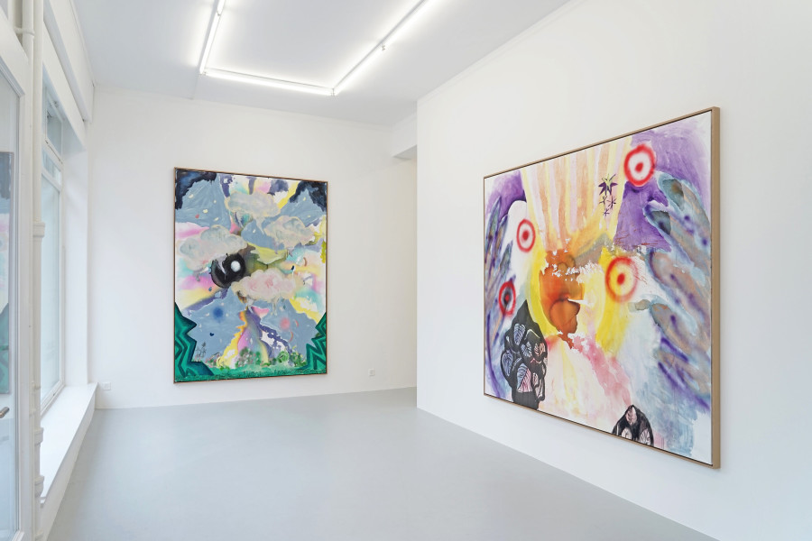 Left: Durchbruch, 2020. Ink, pigments, oil, acrylic and acrylic paste on canvas, 240 x 195 cm / Right: Here Comes the Sun Between the Wings, 2020. Ink, pigments, oil, acrylic and acrylic paste on canvas, 195 x 240 cm
