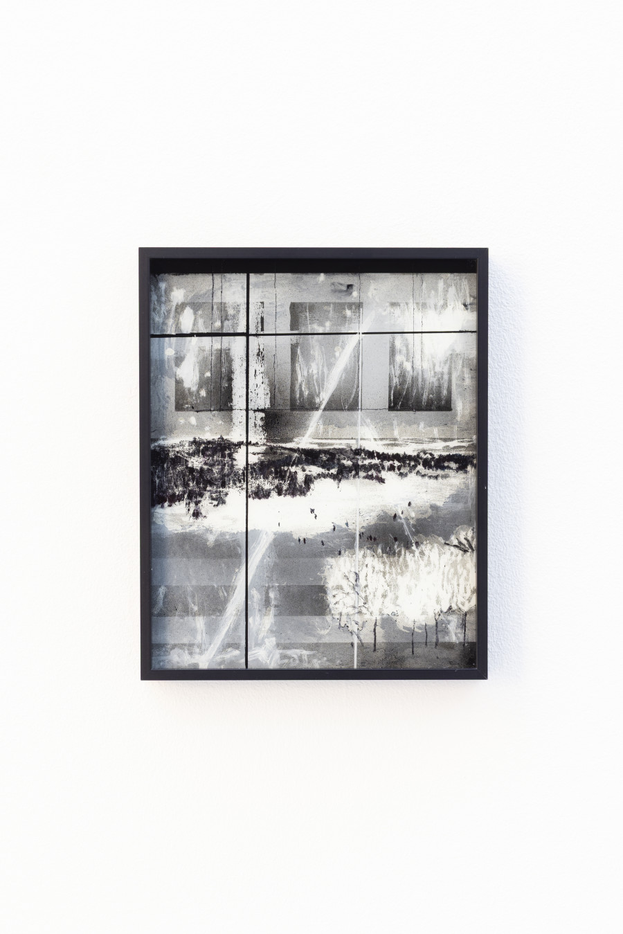Sebastian Haas, “Untitled” series; from the Solo Show “Reminisce-Supports” at KALI Gallery, Lucerne, CH; Oil, spraypaint on reverse glass, framed; 24 x 30 cm, 2024. Courtesy of the Artist and KALI Gallery. Photo by Kim da Motta
