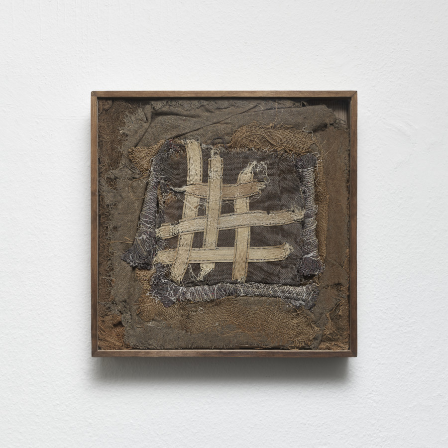 Mónica Mays, Bottoms VI, 2025, insides of found chairs, wood, glass, 66 x 66 x 9 cm. Blue Velvet, Zurich, Switzerland, 2025, Photo: Felix Jungo