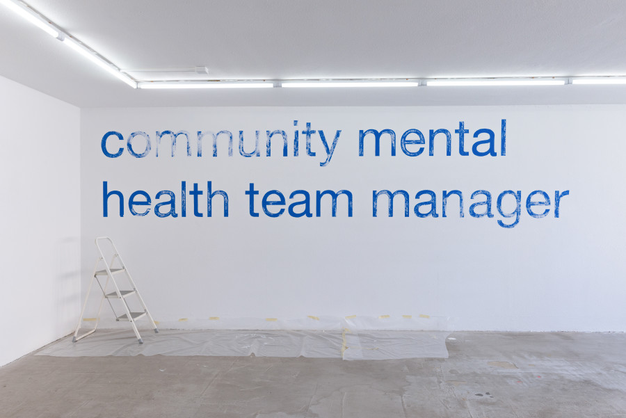 Exhibition view, Moniker, HAMLET, Zürich, 2025. Sam Cottington, Let’s get married, 2025, 1. The exhibiting artists are all asked one question: Growing up, what was your father’s job?, 2. The answers to this question will be painted onto the wall in colours taken from paint used at New York construction sites, where the artist is producing this work remotely.