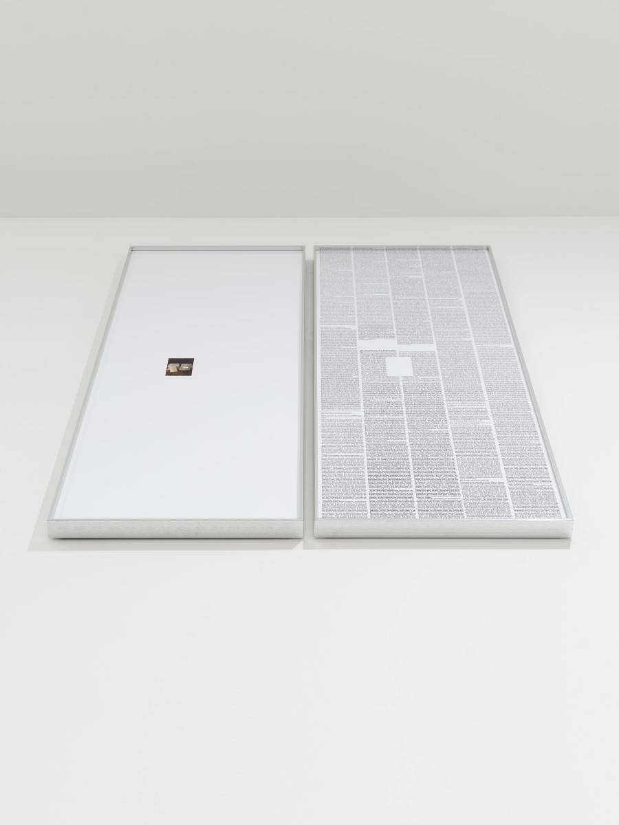 Sanna Helena Berger, Nicht ganz Standard, 2024, 2 Brushed Aluminium frames, each 106 cm x 40 cm x 28 cm, Digital print | Text excerpts from Kunstforum Bd. 104 ‘Kunstwerte - Markt und Methoden’, Nov/Dez 1989 | Kunstforum Bd. 209 ‘Die Heilige macht der Sammler’ Jul/Aug 2011 | Iphone image of square slabs of stone, found in the streets of Berlin with a handwritten note saying ‘Zum mitnehmen’, taken by the artist, Nov 2016, Berlin. Galerie Philippzollinger, 2024.