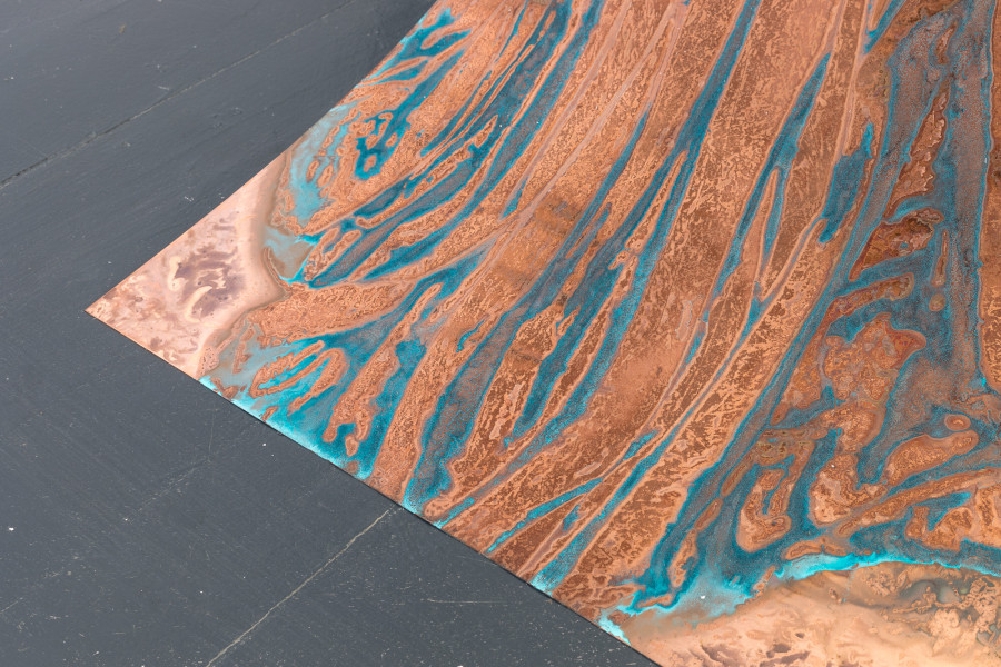 Una Szeemann, Die verschobene Verdichtung eines Schläfers III, (The Displaced Compression of a Sleeper III), 2018, oxidation on copper plate, 200 x 100 cm (detail). Photo: Kilian Bannwart