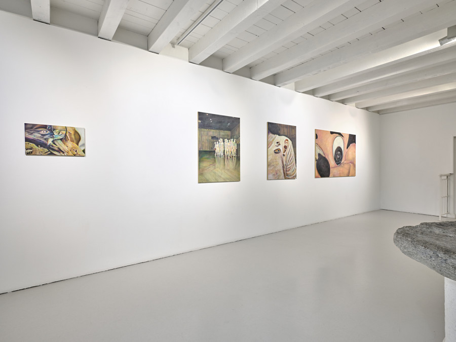 Almost tender, Exhibition view, 2026, Ferme de la Chapelle. © Photo by Nicolas Delaroche Studio. From left to right: Incastro, 2026, oil on canvas, 30 × 50 cm, The Rehearsal, 2026, oil on canvas, 100 × 75 cm, A mind of its own, 2026, oil on canvas, 100 × 75 cm, Where dreams come true, 2026, oil on canvas, 100 × 160 cm