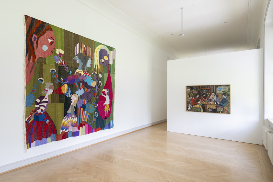 Left: Ryan Trecartin, I-Be Area, 2007, Exhibition view Burning Down the House: Rethinking Family, Kunstmuseum St. Gallen, June 1 to September 8, 2024 © Kunstmuseum St. Gallen, photo: Sebastian Stadler. Right: Christina Forrer, Intervisions, 2020, Exhibition view Burning Down the House: Rethinking Family, Kunstmuseum St. Gallen, June 1 to September 8, 2024 © Kunstmuseum St. Gallen, photo: Sebastian Stadler