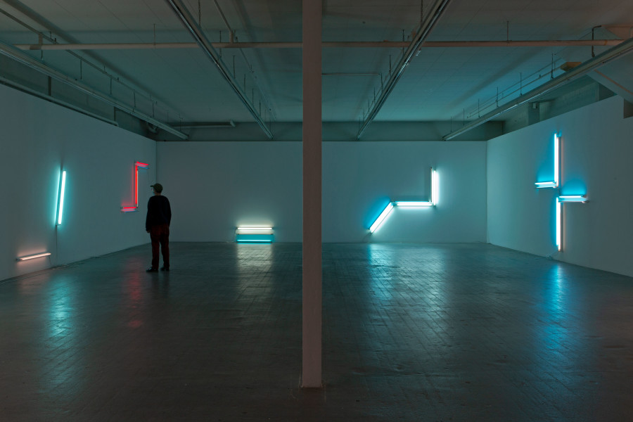Céline Manz, fold; Aubette 63, 2019/20 Neonlampen und Halterungen, Fotofolien, Kabel
Masse variabel Courtesy the artist Ausstellungsansicht / Installation view Kunsthaus Baselland. Photo / Foto: Gina Folly