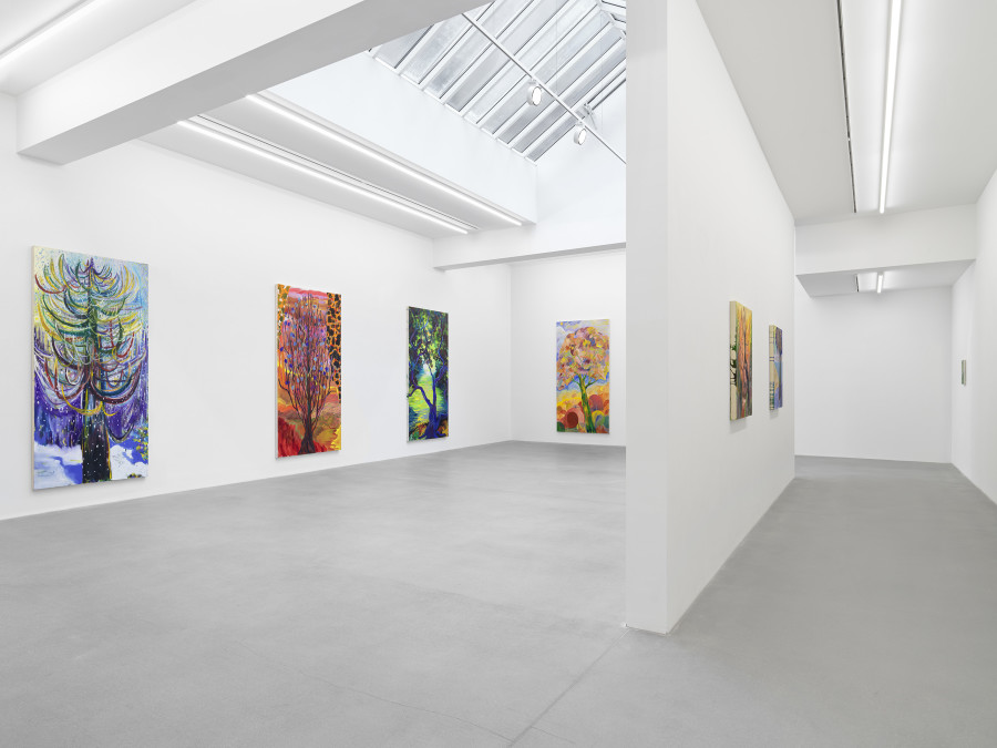 Installation view, Shara Hughes, Tree Farm, Galerie Eva Presenhuber, Waldmannstrasse, Zurich, 2024. © Shara Hughes. Courtesy the artist and Galerie Eva Presenhuber, Zurich / Vienna. Photo: Stefan Altenburger Photography, Zürich