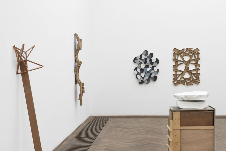 Installation view, Eine Karte -35/65+, view on (front f.l.t.r.) Catrin Lüthi K, Lattenzeichnung, 2019, Bruchstück, 2019, and (back f.l.t.r.) Peter Brunner-Brugg, Kopfleiste, 2019, Sediment, 2019, Spiessrutenlauf, 2017, Kunsthalle Basel, 2019. Photo: Philipp Hänger / Kunsthalle Basel