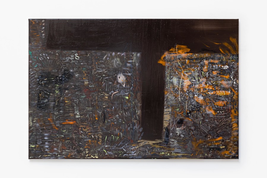 Laura Langer, Discharge Painting 7, 2026, Oil, marker, acrylic and acrylic medium on canvas, 100 × 150 cm. Photo credit: Gina Folly
