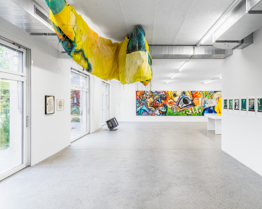 Exhibition view “La déferlante hip hop”, (l. to r.) Keith Haring, César Bilavie, Rammellzee, A- One, Crash & Daze, Koze, CALM - Centre d'Art La Meute, Lausanne, Switzerland, 2025 / Photo: Théo Dufloo / Courtesy of the artists, Gymnase du Bugnon, private coll. and coll. Speerstra.