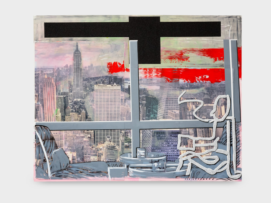 Angélique Heidler, Empire state of mind,, 2025. Acrylic, collage and glitter on textile. 122 × 152 cm. Photo credit: Philipp Rupp