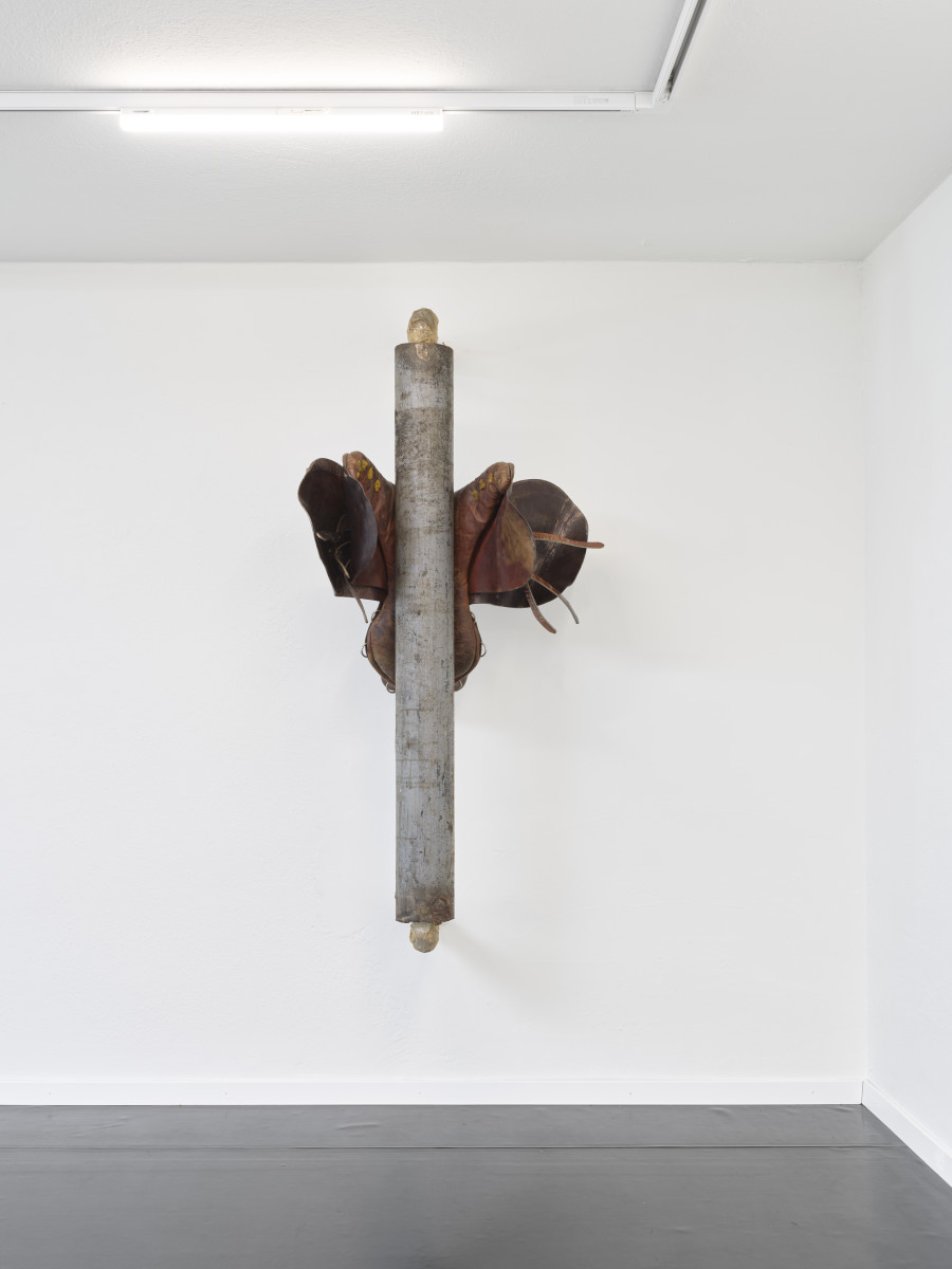 Mónica Mays, Merry-go-round II, 2025, Metal, found saddle, wax, vellum, 150 x 65 x 58 cm. Blue Velvet, Zurich, Switzerland, 2025, Photo: Felix Jungo
