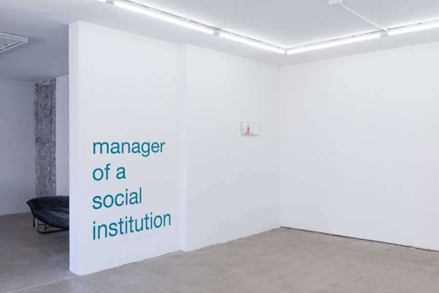 Exhibition view, Moniker, HAMLET, Zürich, 2025. From left to right: Sam Cottington, Let’s get married, 2025, 1. The exhibiting artists are all asked one question: Growing up, what was your father’s job?, 2. The answers to this question will be painted onto the wall in colours taken from paint used at New York construction sites, where the artist is producing this work remotely.; Gaia Del Santo, Addison Rae (after Addison Rae), 1-7, 2025, 7 Risograph prints on Lessebo 240g (10+ 1 AP), 17 x 38 cm