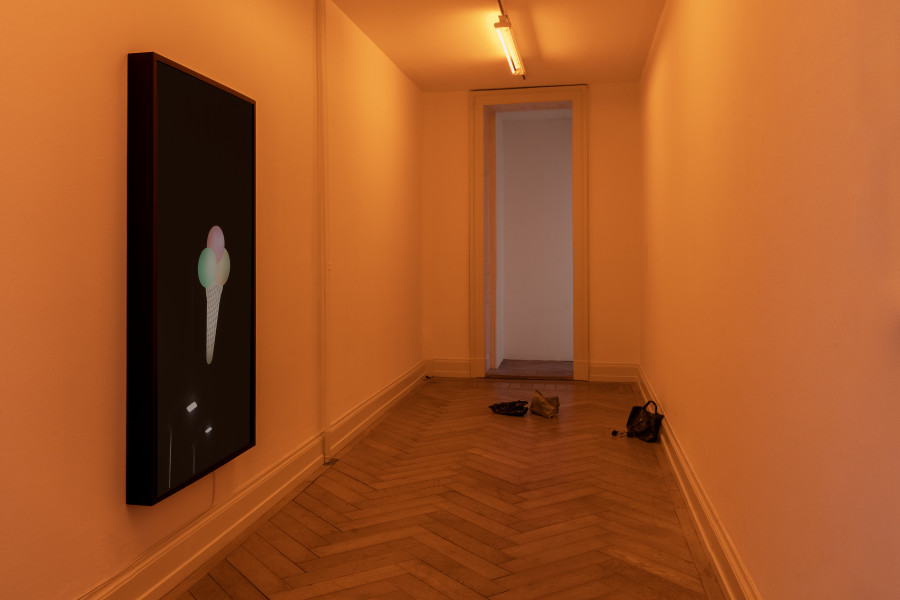 Regionale 24, installation view, room 5, Nina Rieben, you had that look upon your face, advertising space oh β ohhh, 2023; Abendtasche (they didnβt know either), 2023; Abendtasche (filler), 2023 and Abendtasche (maybe), 2023, Photo: Nina Rieben.