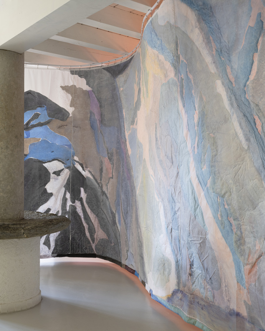 Jessica Decorvet, Paysage impossible, Exhibition view, 2026, Ferme de la Chapelle. © Photo by Dylan Perrenoud. Paysage impossible, 2026, fabrics glued onto printed spinnaker cloth.
