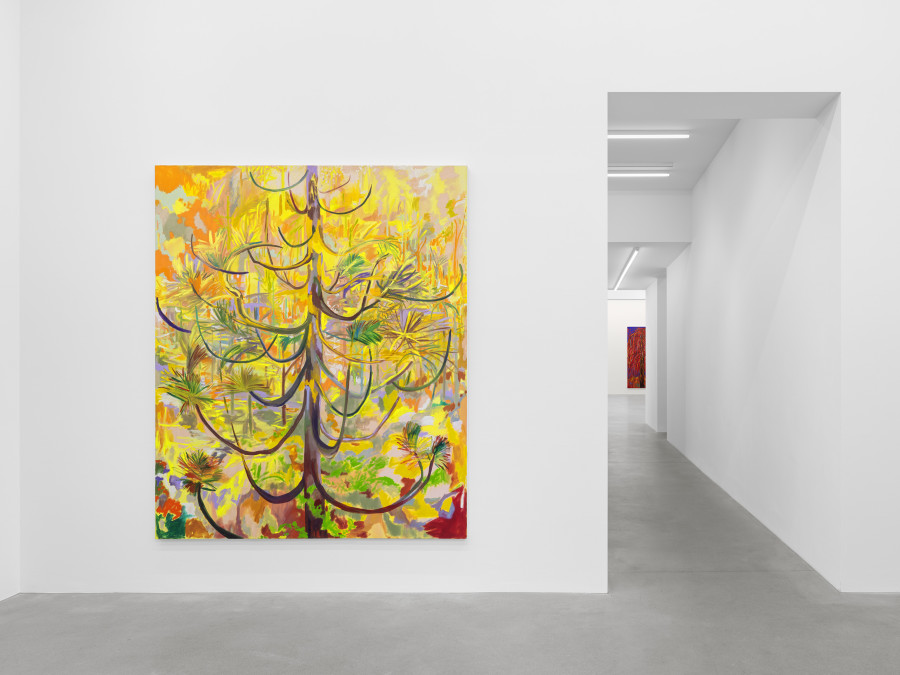 Installation view, Shara Hughes, Tree Farm, Galerie Eva Presenhuber, Waldmannstrasse, Zurich, 2024. © Shara Hughes. Courtesy the artist and Galerie Eva Presenhuber, Zurich / Vienna. Photo: Stefan Altenburger Photography, Zürich