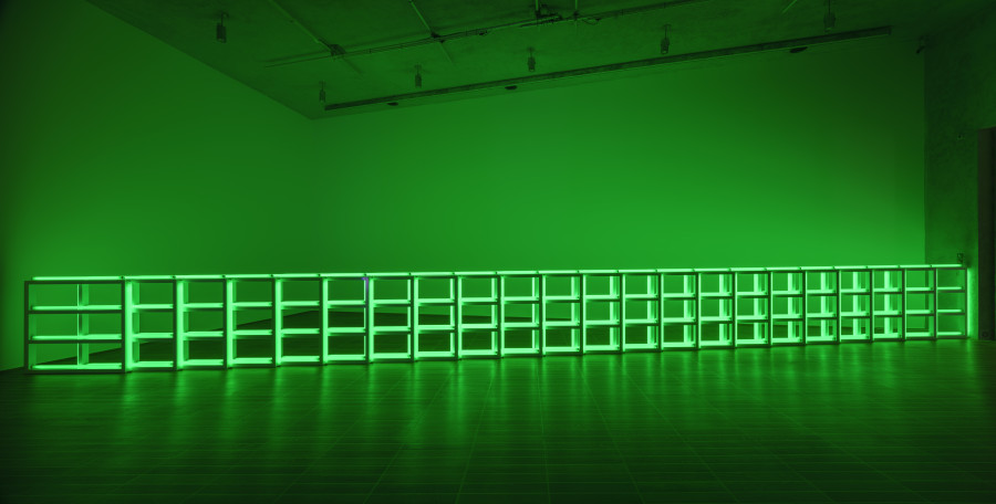 Dan Flavin, untitled (to you, Heiner, with admiration and affection), 1973, green fluorescent light. © Stephen Flavin / 2024, ProLitteris, Zurich. Bayerische Staatsgemäldesammlungen - Sammlung Moderne Kunst in der Pinakothek der Moderne München. Photo Credit: Florian Holzherr