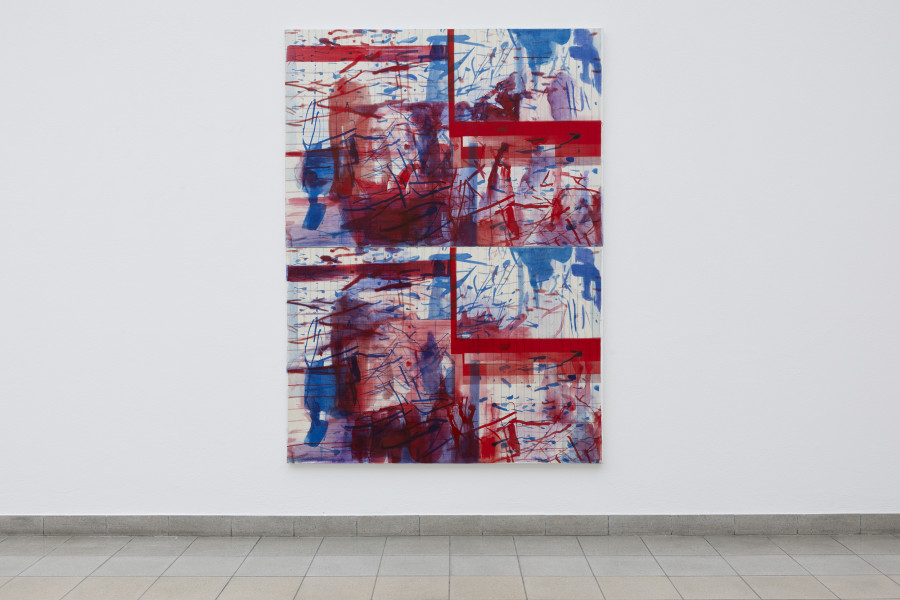 Rochelle Feinstein, The Today Show, installation view, Kunsthaus Glarus, 2025. Photo: Gina Folly. Courtesy the artist and Candice Madey Gallery. Two Maps, 2024, Acrylic, silkscreen and muslin on canvas Dyptichon, 213.4 x 152.4 cm / 84 x 60 in