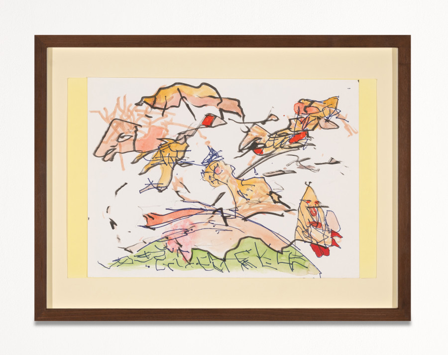 Ross Simonini – Arrival in Yellow, 2021-2022, mixed media on paper, framed, 28 x 43 cm. ©2023 suns.works and the artists. Photography: Flavio Karrer