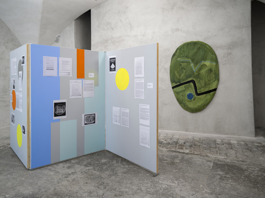 Exhibition view Sophie Taeuber-Arp / Mai-Thu Perret «Ich bin wü ü ü ü ü ü ü ü tend», Cabaret Voltaire 2022; Mai-Thu Perret, Untitled (for S.T.), 2022; Mai-Thu Perret, Untitled (Green Oval), 2018. Photo: Cedric Mussano