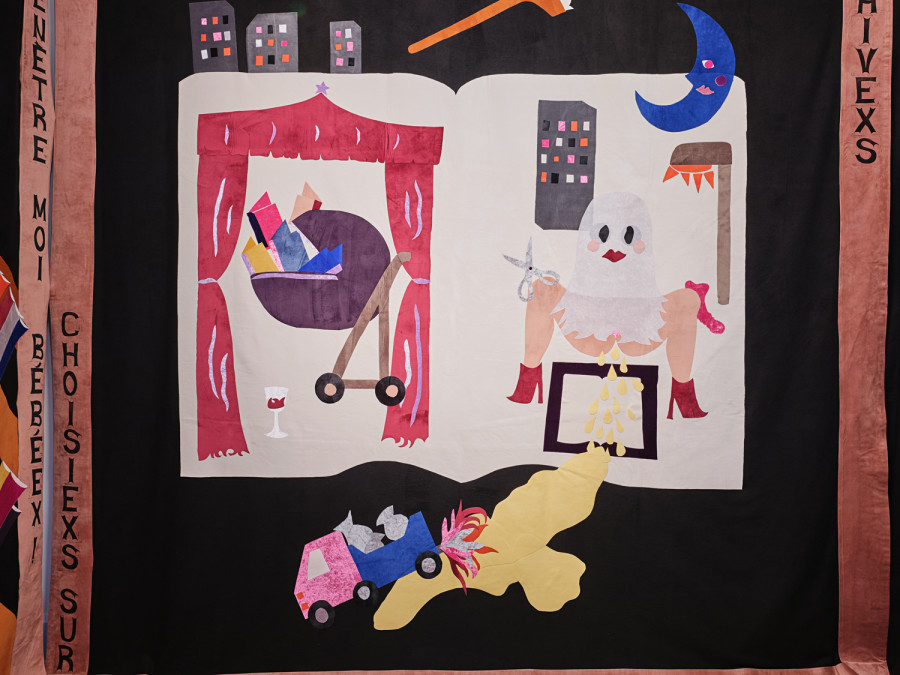 Exhibition View, ‘Stitches: A Haunted House and Other Ghost Stories’ at the Villa Bernasconi, 2026 / Photo by Nicolas Delaroche Studio. Léa Katharina Meier, Jardin secret des ordures des sentiments, 2023, textile, linocut, cushions.