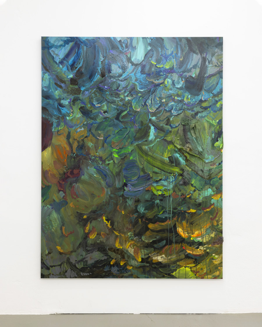 Michele Gabriele, “Study for the Plumage of a Parrot. An Unbothered, Sad, and Cringe Parrot. Indifferent to its Context.”, from the Solo Show “Brambora” at Kaly Gallery, Lucerne, CH, Acrylic and mixed media on canvas, 78 3/4 x 59 in, 200 x 150 cm, 2025. Courtesy of the Artist and Kali Gallery. Photo by Kim da Motta