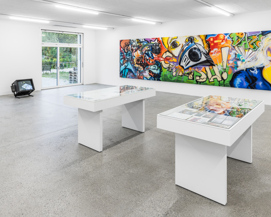 Exhibition view « La déferlante hip hop », group show, CALM – Centre d’Art La Meute, Lausanne, Switzerland, 2025 / Photo: Théo Dufloo.