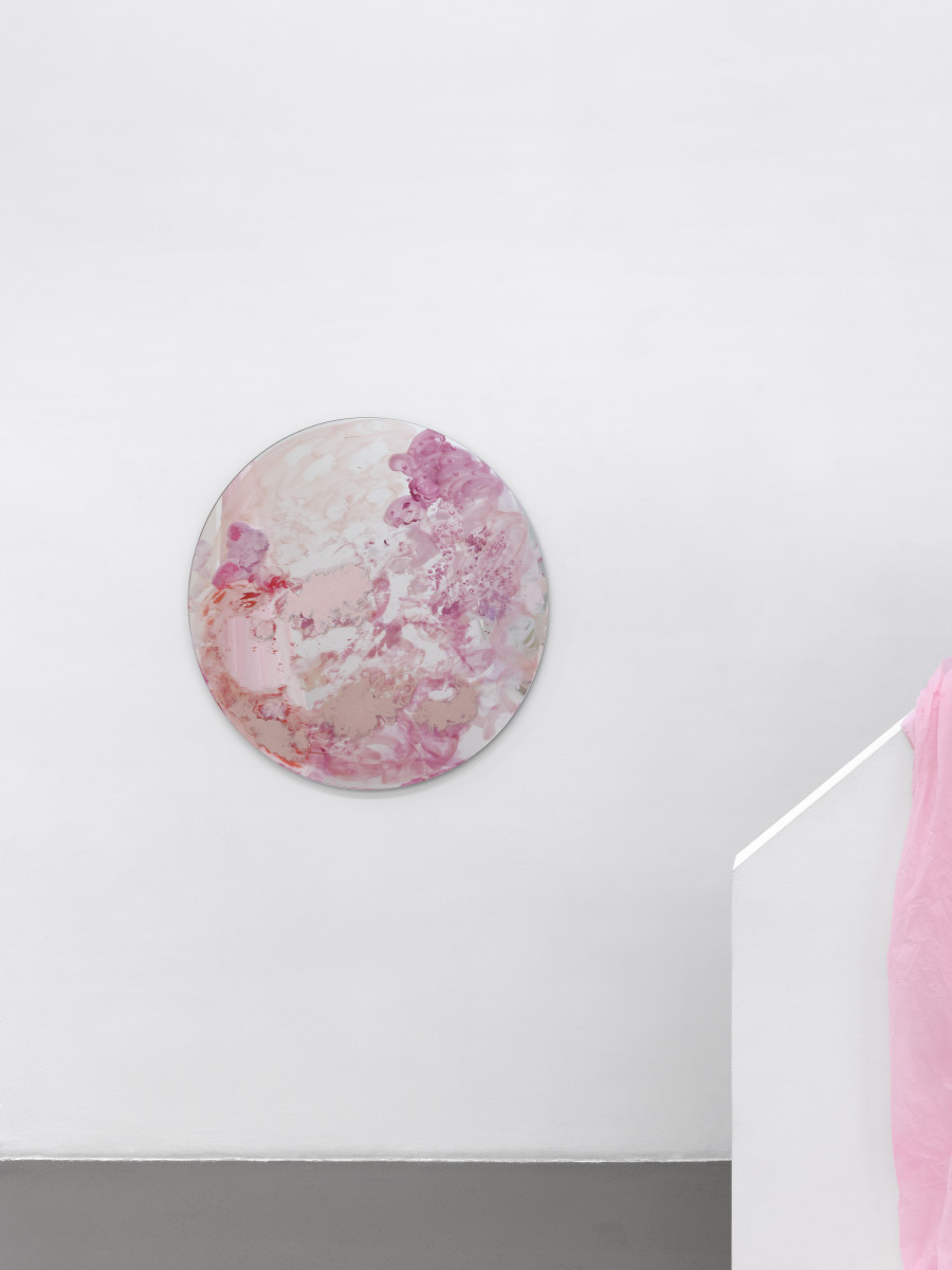 Karla Black, Profile of Choice, 2025, glass paint and oil paint on mirror, 100 x 100 cm