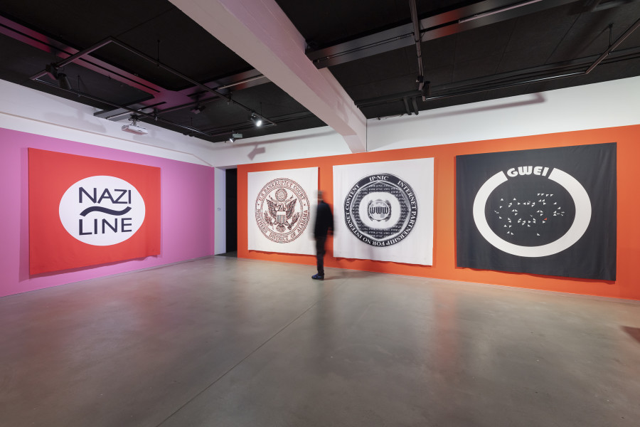 UBERMORGEN, Seals, 2001-2005, Exhibition view «UBERMORGEN, Johanna Müller, Giulia Essyad. Swiss Media Art – Pax Art Awards 2023», 2024, HEK, photo: Franz Wamhof