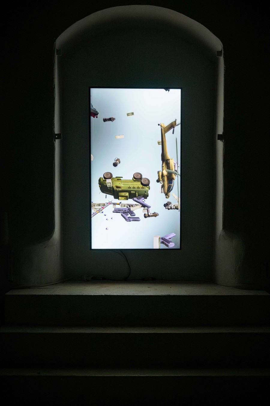 Michel Winterberg, Weapon Rain, 2023, Michel Winterberg, Drifting Futures, Galerie für Gegenwartskunst E-WERK, Freiburg im Breisgau, 2026. Courtesy: the artist and Galerie für Gegenwartskunst E-WERK. Photo: Marc Doradzillo