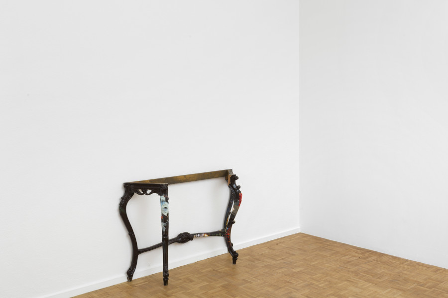Virginia Ariu, What beast should I adore, 2025, Wood, magazine clippings, varnish, primer, vinyl glue, 84 x 116 x 30.5 cm. Exhibition view, Virginia Ariu, Exercises of Abstraction, Sentiment, Zürich, 2025. Photo credit: Philipp Rupp / Julien Gremaud. Courtesy of the artist and Sentiment