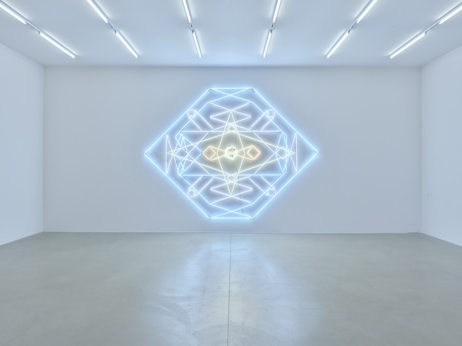 Installationsansicht Kosmos Emma Kunz. Eine Visionärin im Dialog mit zeitgenössischer Kunst 2.3. – 24.5.2021, Aargauer Kunsthaus, Aarau. Mai-Thu Perret Untitled (after no. 067), 2020 Neonröhren, ø 15 mm, 6 Transformatoren 350 × 470 cm Courtesy of the artist and Galerie Francesca Pia, Zürich. Foto: Conradin Frei, Zürich
