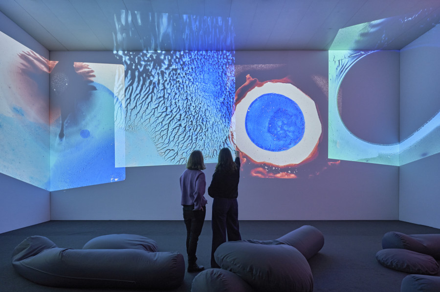 Installation view Otto Piene: Paths to Paradise at Museum Tinguely, Basel, 2024. 5 Otto Piene, The Proliferation of the Sun, 1966/1967, 6 projections and sound; digital copies of the hand-painted glass slides from 1966/1967, 25 min, Gift of the Fôrderkreis für Gegenwartskunst im Kunstverein Bremen 1998 and the artist. © 2024 ProLitteris, Zurich: Otto Piene Estate. Photo: 2024 Museum Tinguely, Base!; Daniel Spehr