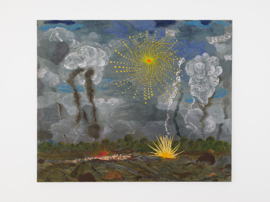 Abel Auer, Feuerwerk im Osten, Acryl and Oil on Canvas, 150 × 180 cm, 2022 / Photo: Cedric Mussano / Courtesy: the artist and Kirchgasse Gallery