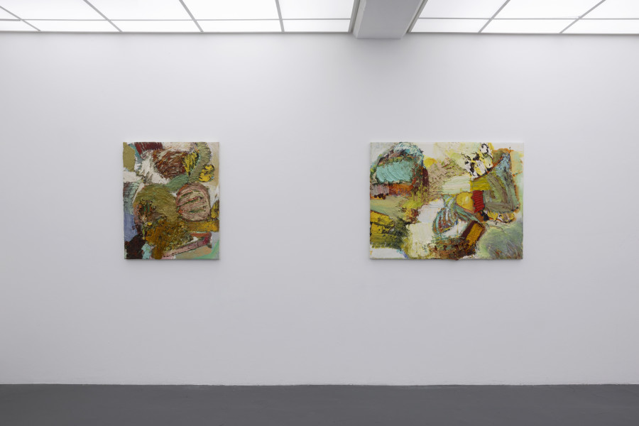 Pia Fries, billin, 1991; vok, 1992. Ölfarbe auf Leinwand über Holz. Courtesy: Pia Fries Ausstellungsansicht / Installation view Kunsthaus Baselland 2023. Foto / Photo: Gina Folly © Pia Fries / 2023 ProLitteris, Zürich