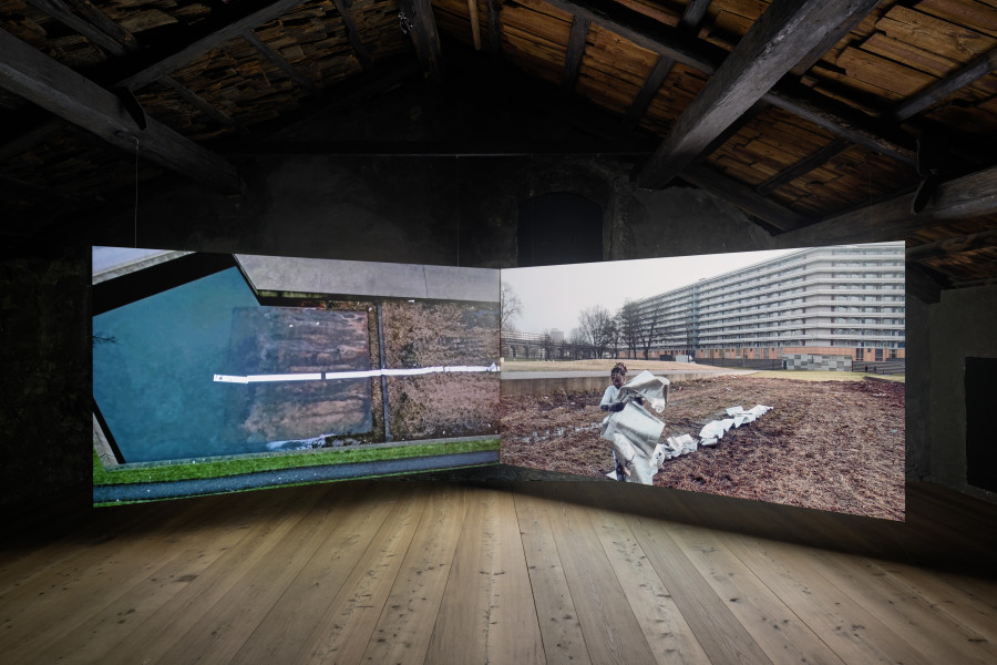 donna Kukama, Chapter Q: Dem Short-Short falls, 2017 - 2018, Video double projection, Film Still, Part 1: 12 min 10 sec. Part 2: 12 min 11 sec. Photo: Ralph Feier, Courtesy of the artist and Galerie Tschudi