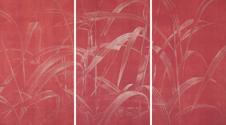 Franz Gertsch, Das grosse Gras, 1999/2001. Woodcut 3 plates of 305 x 180 cm. Woodcut no. 4 on Kumohadamashi Japanese paper made by Heizaburo Iwano, 380 x 276 cm, all in all 380 x 828 cm, Dark vermillion. Museum Franz Gertsch, Burgdorf © Franz Gertsch