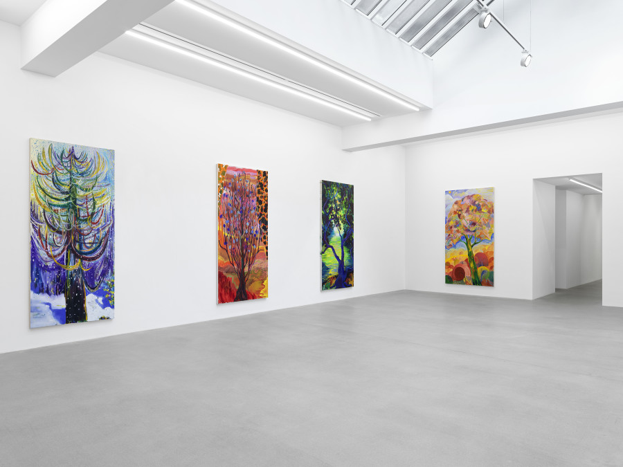 Installation view, Shara Hughes, Tree Farm, Galerie Eva Presenhuber, Waldmannstrasse, Zurich, 2024. © Shara Hughes. Courtesy the artist and Galerie Eva Presenhuber, Zurich / Vienna. Photo: Stefan Altenburger Photography, Zürich